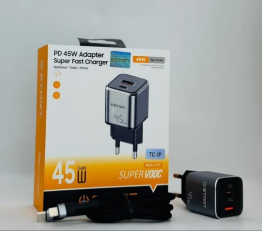 شاحن حائط فائق السرعة START - بقدرة 45 وات (موديل ST01) بتقنية GaN و Super VOOC مع كابل (TC-IP)  