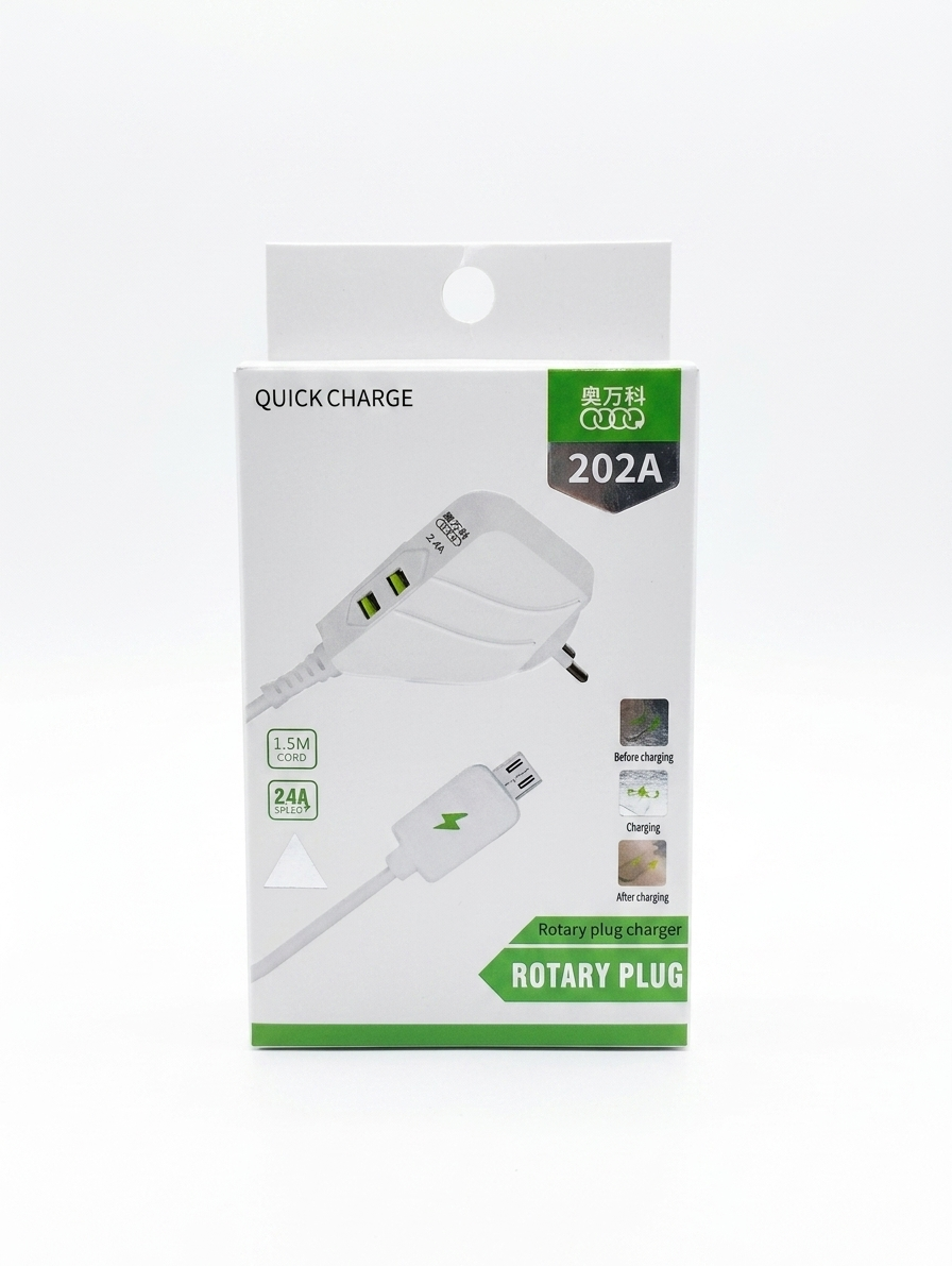 ​شاحن ميكرو  جداري بمنفذين USB وقابس دوار (Rotary Plug) موديل 202A