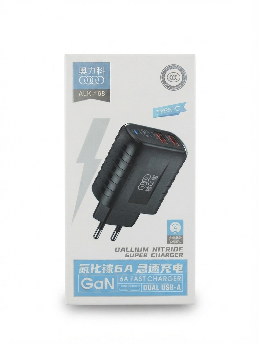 شاحن حائط فائق السرعة GaN من Aulike - منفذين USB-A بقوة 6 أمبير (موديل ALK-168)