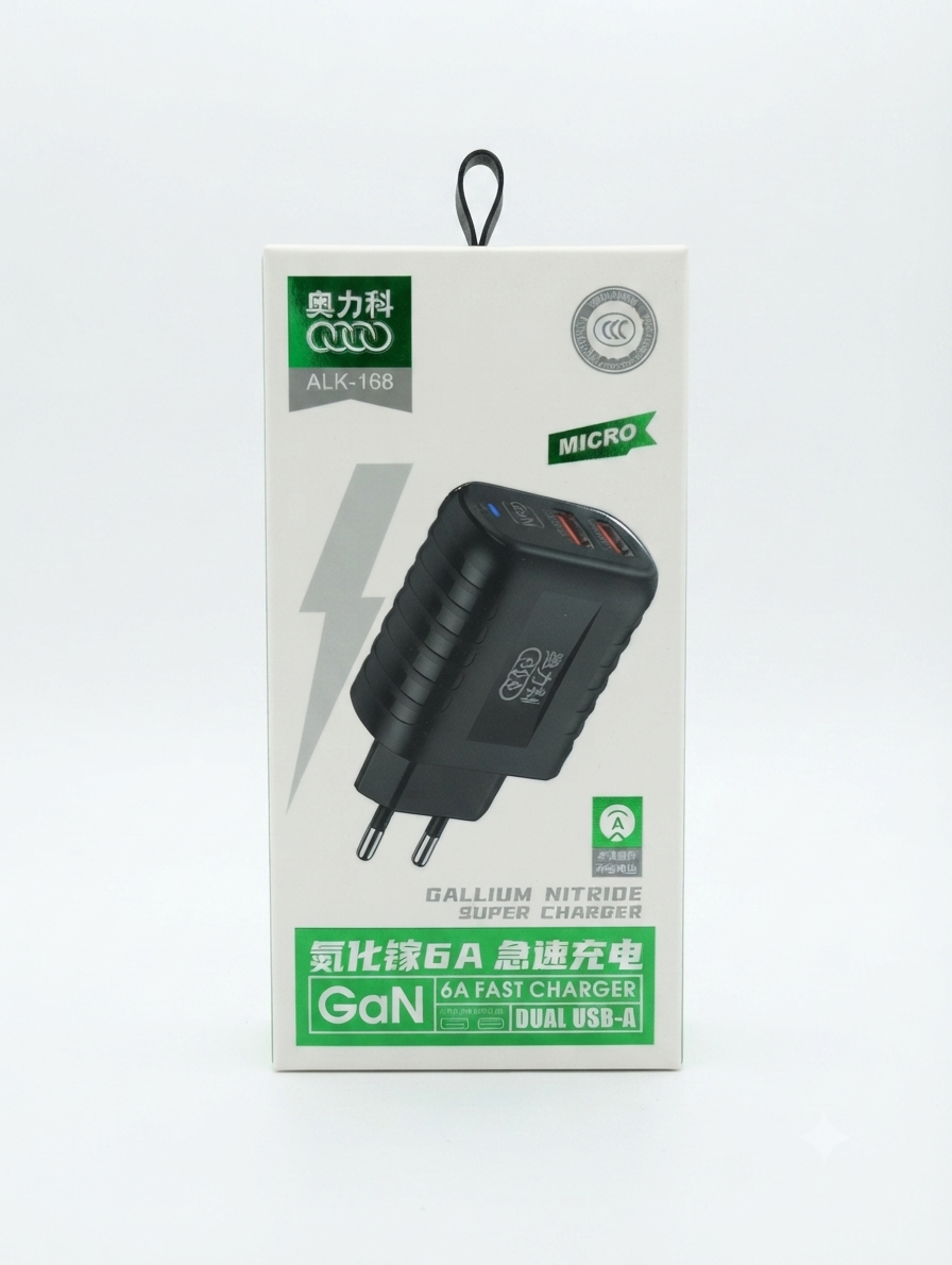 شاحن حائط فائق السرعة GaN من Aulike - منفذين USB-A بقوة 6 أمبير (موديل ALK-168)