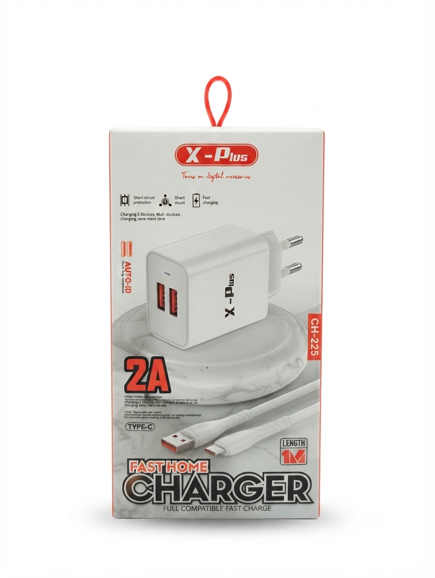 شاحن حائط X-Plus منزلي بـ 2 منفذ USB بقوة 2 أمبير مع كابل Type-C (موديل CH-225)