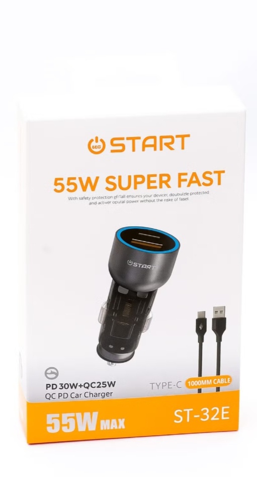 شاحن سيارة سريع Start ST-32E بقوة 55 واط مع كابل مدمج