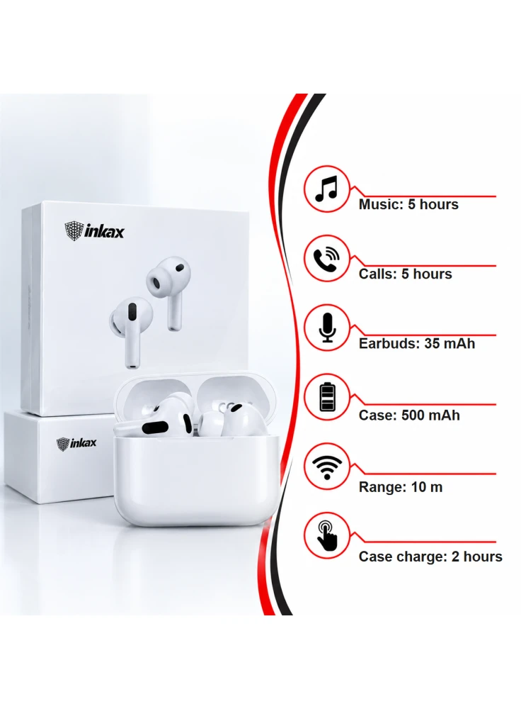 سماعات INKAX T07 اللاسلكية مع علبة شحن بيضاء
